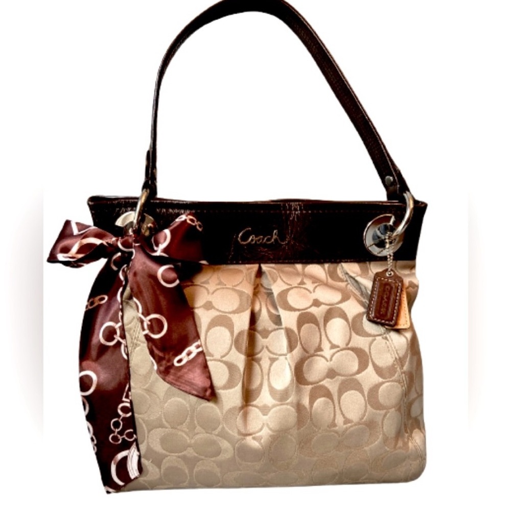 Coach Brown and Cream Shoulder Bag with Signature Monogram